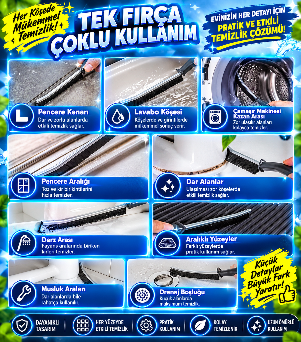 Dar Alan Temizlik Fırçası – Derz, Fayans, Mutfak ve Banyo Detay Temizleme Fırçası